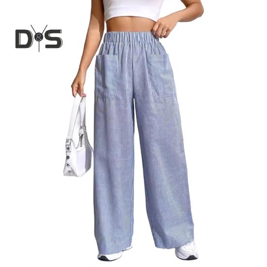 Женские брюки с эластичной талией, средней посадкой, широкие длинные брюки с карманами, клетчатый принт, удобные повседневные брюки