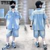 Детский летний джинсовый костюм для мальчиков, летний комплект из двух предметов, тонкий летний укороченный дизайн