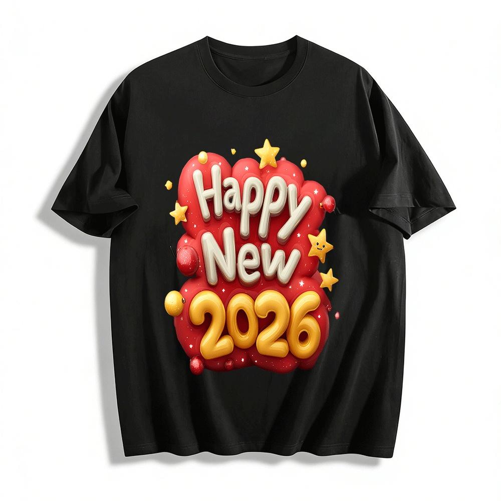 Счастливого Нового 2026 года Праздничный Принт Повседневный Свободный Топ Для Мужчин Женщин Футболка из чистого хлопка