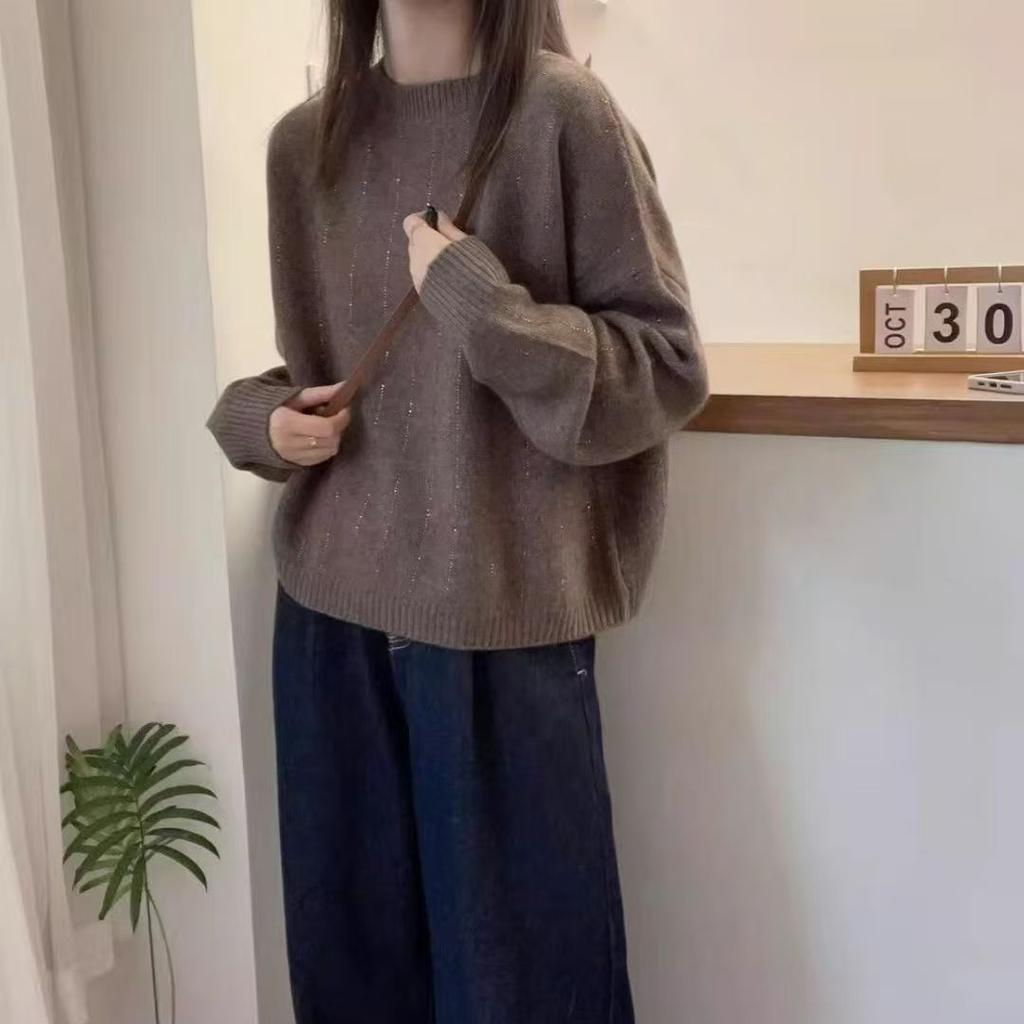 Свитер с круглым вырезом, свободный пуловер с длинными рукавами для женщин, однотонный трикотаж для осени и зимы, утолщенный базовый слой, повседневный вязаный свитер-топ