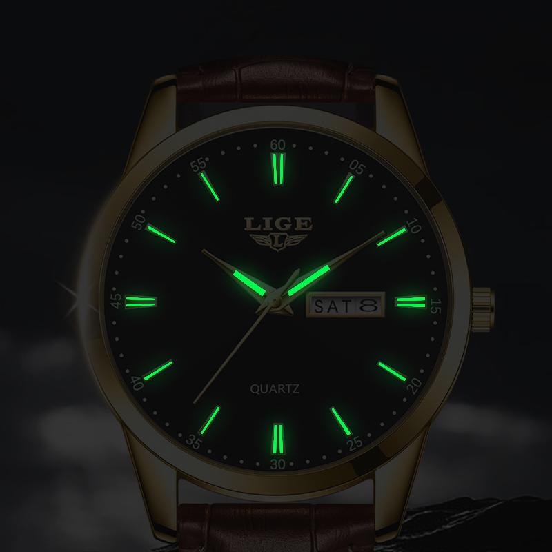 LIGE Лучший бренд, мужские кожаные деловые часы с датой, водонепроницаемые светящиеся часы, мужские роскошные спортивные водонепроницаемые кварцевые наручные часы