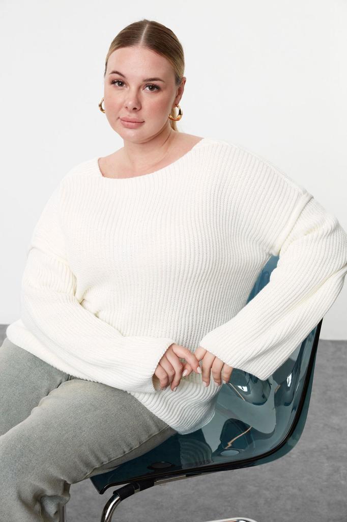 Женский модный стильный свитер больших размеров, красный вязаный свитер с вырезом лодочкой и детальной строчкой