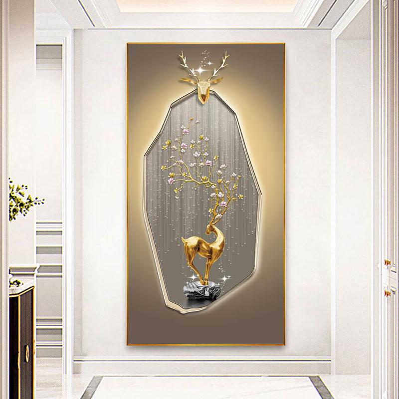 Абстрактные картины на холсте с золотым оленем в стиле фэншуй, постеры и принты из дзен-камня, современные роскошные настенные рисунки с листьями для декора крыльца без рамки