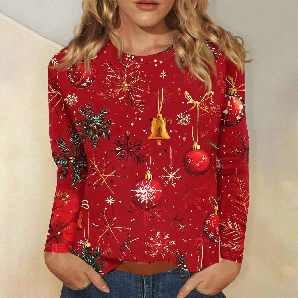Женская мода повседневный рождественский принт круглый вырез длинный рукав пуловер топ
