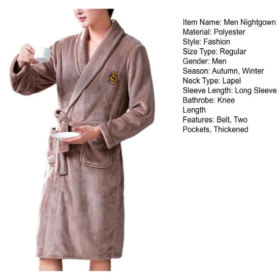 Мужской фланелевый халат с длинными рукавами, карманами, поясом, вышивкой и принтом, зимний, теплый, с лацканами, из двустороннего флиса, ночная рубашка, домашняя одежда