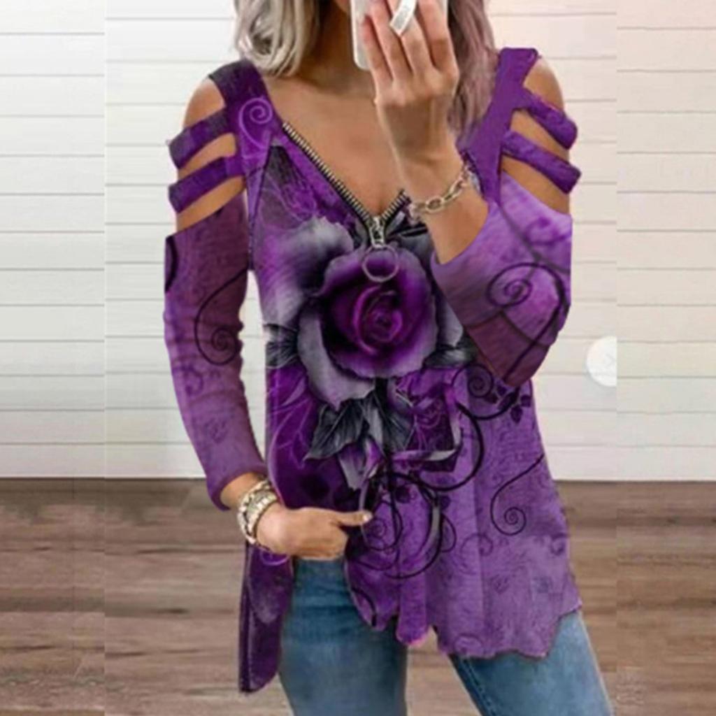 Модная женская повседневная футболка со свободным воротником на молнии с v-образным вырезом и принтом розы и длинными рукавами