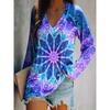 Spring and Autumn V-neck 3D Tie Dye Mandala Pattern Printed Top Fashionable Casual Long Sleeved Women's T-shirts