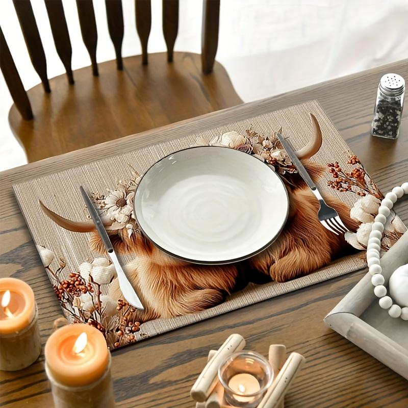 4pcs/6pcs Set, Adorable Highland Cow Print Linen Placemats, Suitable for Dining Tables, Four Seasons Decoration, Modern Washable Table Mats, Room Deco