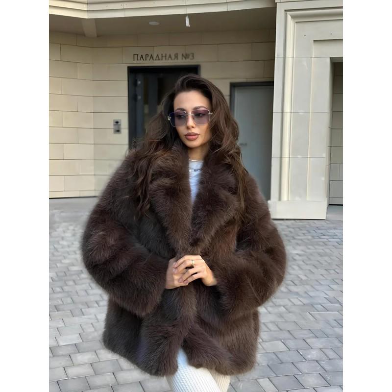 Womens Faux Fur Coat With Belted Waist Notched Lapel Mid-Length Elegant Office Style In Brown Beige Black