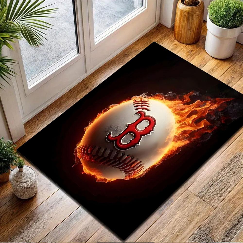 "Flaming Baseball with Bold Red B Logo" Patterned carpet, non slip mat suitable for living room and bedroom sofas