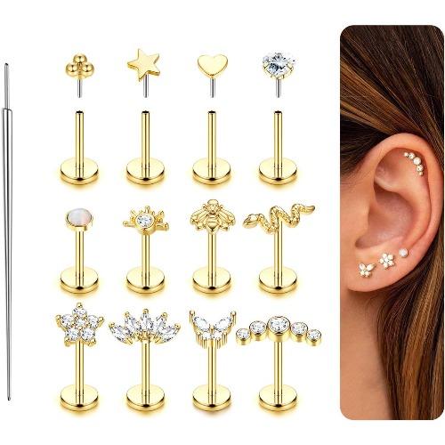 Bobisty 20G Плоские Серьги-гвоздики для Женщин Мужчин Позолоченные 14K Застежка-пуш-ин Хрящ Хеликс Козелок Пирсинг Носа Украшения