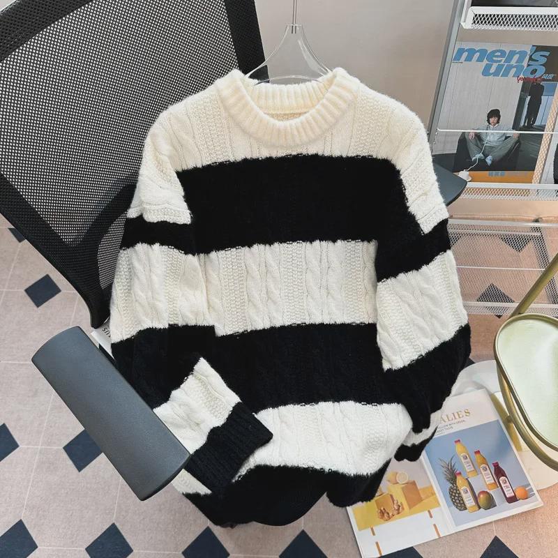 Мужской свободный повседневный полосатый вязаный свитер - японский модный стиль TikTok для старшеклассников