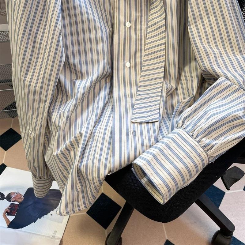 Женские французские полосатые рубашки с бантом, осенние новые свободные рубашки, модные шикарные длинные рукава для женщин
