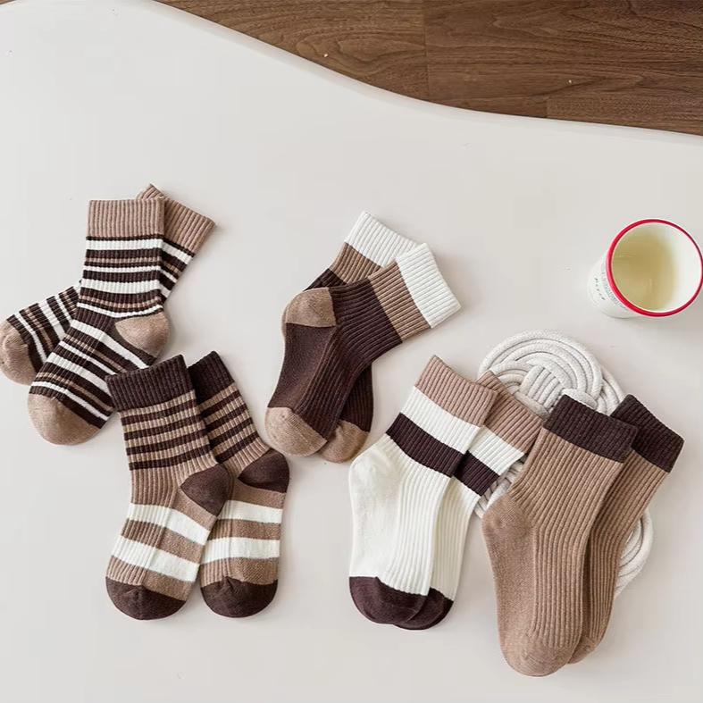 5 пар/комплект бежево-кофейного цвета, носки из телячьей кожи для детей, спортивные, модные, полосатые детские носки, весна-осень, мягкие хлопковые школьные носки