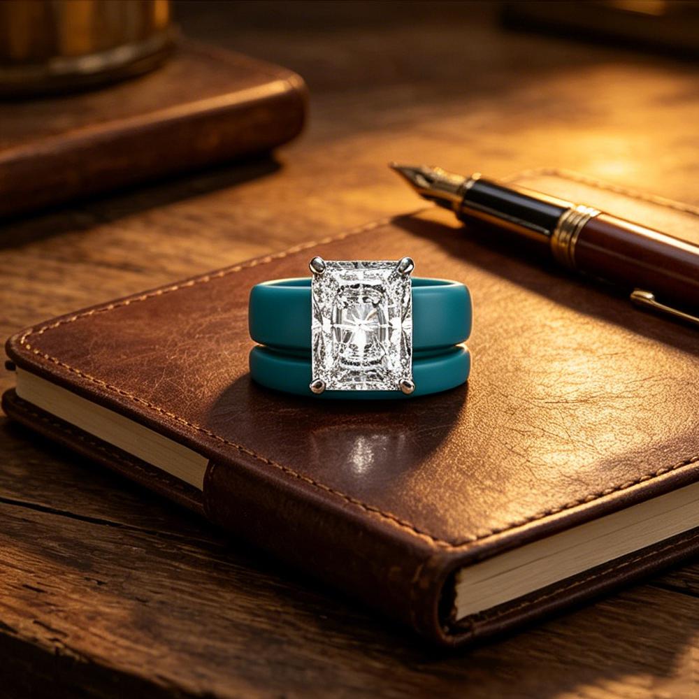 Blue green women's silicone double strap CZ ring, emerald cut cubic zirconia engagement wedding ring, beach bride jewelry gift