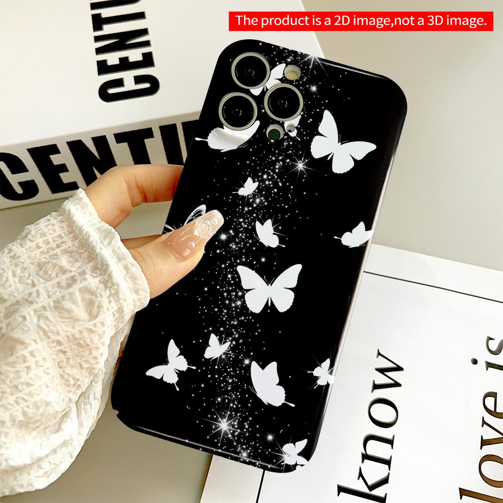 White Butterflies Sparkle on Black Background All inclusive film hard phone case, compatible with iPhone 18 Pro Max 17 16 15 14 13 12 11