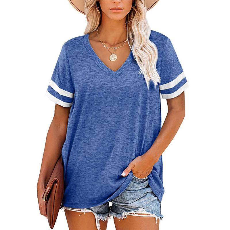 Women's 2026 Summer New V-neck Short-sleeve Color-block T-shirt Loose Casual Top