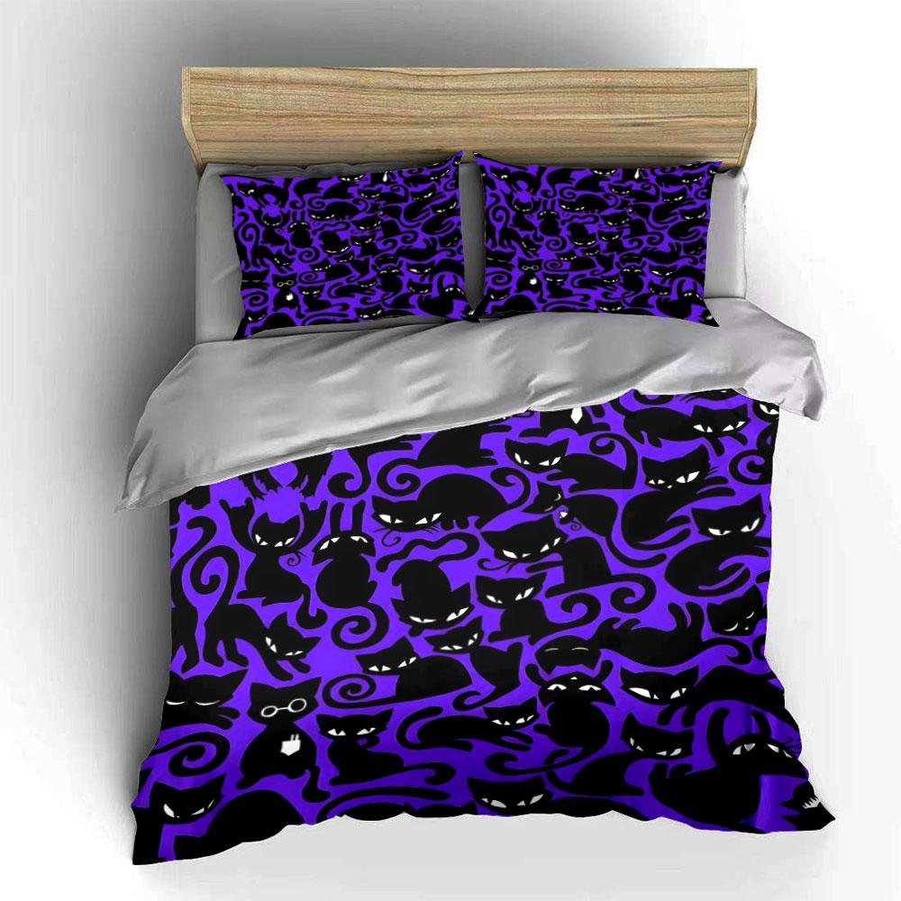 Halloween Cat Pattern Decoration Set Bedding Set with 1 Duvet Cover 2 Pillowcases Single Double King Queen, Gift