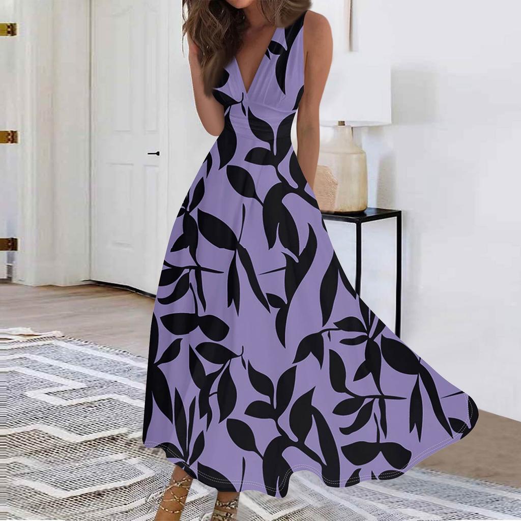 Женские модные повседневные свободные платья с V-образным вырезом без рукавов с принтом