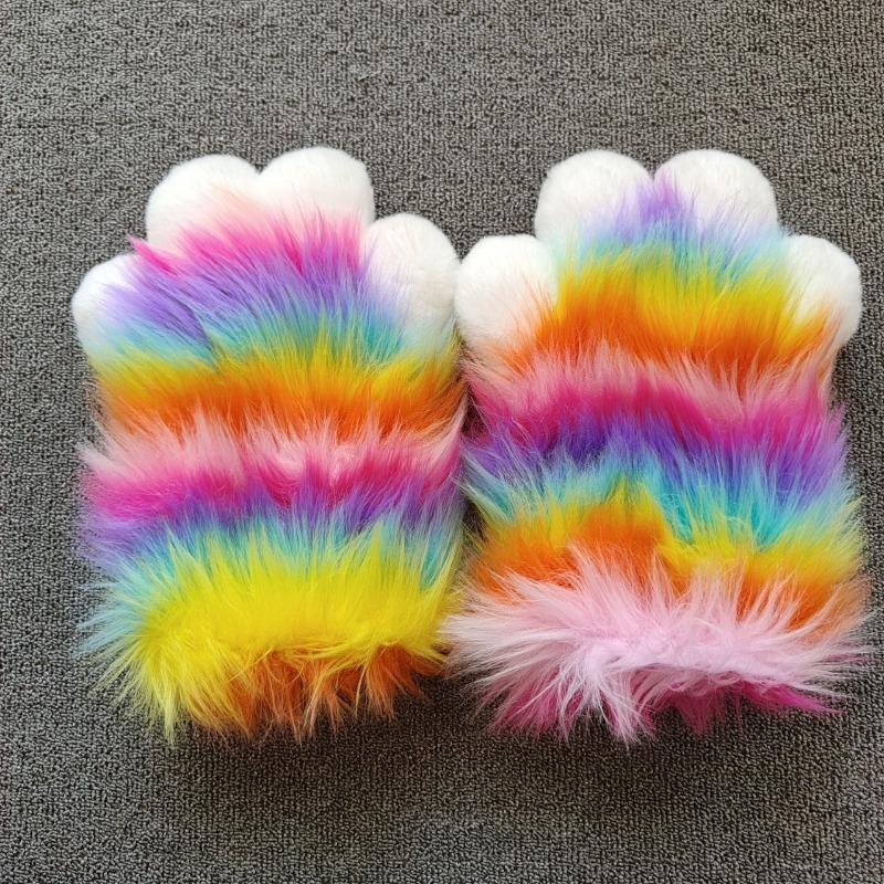Плюшевые Пушистые Когти Животных Радужные Митенки Пушистые Лапы Косплей Костюм Разноцветные Когти Тигра Кигу для Реквизита для Хэллоуинской Вечеринки