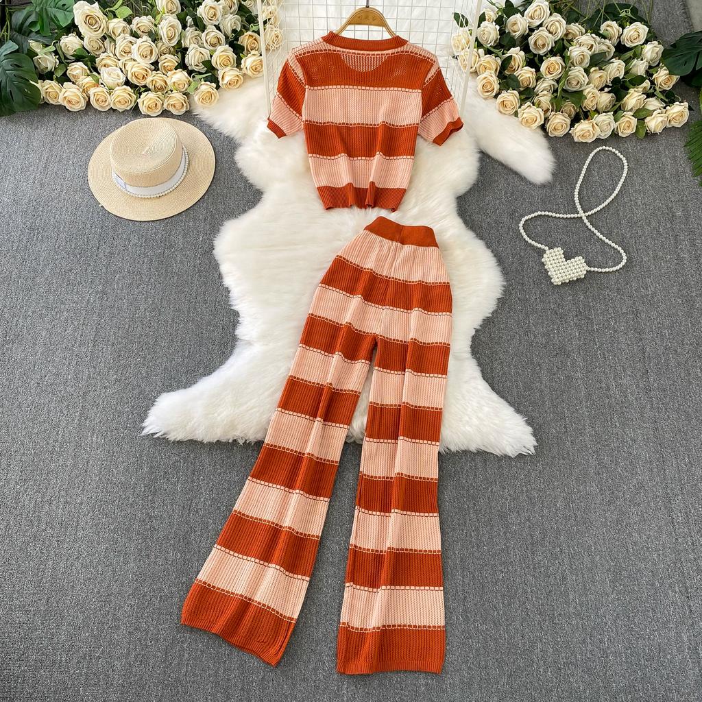 Летний женский шикарный полосатый вязаный свитер и брюки, комплект из двух предметов, пуловер с коротким рукавом и костюм с широкими брюками