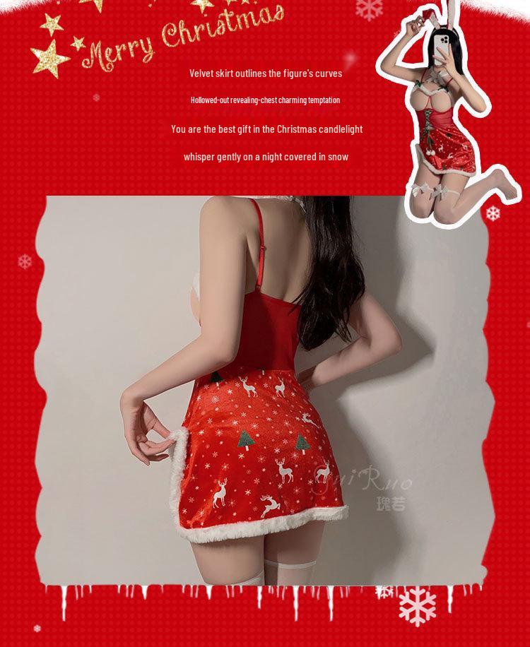 Velvet Bow Cutout Lingerie Set: Plush Patchwork Christmas Uniform for Women
