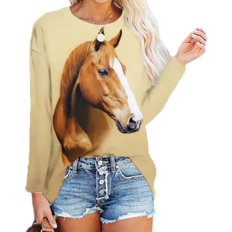 Толстовки с принтом в виде головы лошади с 3D-принтом, топ с длинным рукавом для женщин, новая весенняя одежда, толстовка с круглым вырезом, повседневная свободная женская одежда