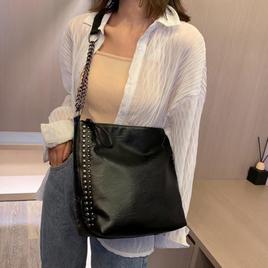 Casual Women Solid Color Rivet Chain Shoulder Bag Faux Leather Crossbody Pouch