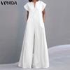 Women V Neck Short Sleeve Casual Loose Long Wide Leg Jumpsuit Rompers For Tall