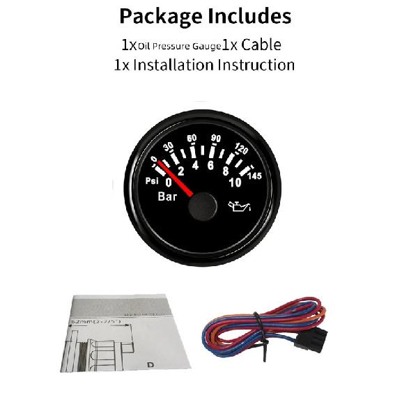 52mm 0-10Bar Show Pointer Oil Pressure Gauges 0-145Psi Black Oil Pressure Meters 10-184ohm Input Signal 9-32v for Car Boat Yacht