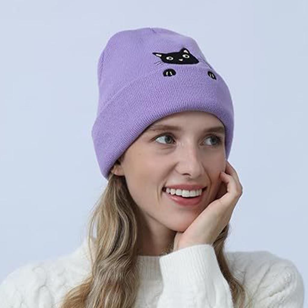 Knit Skull Hat with Embroidered Lovely Kitten Hat Knit Caps for Unisex Pullover Cartoon Hat Embroidered Skull Caps