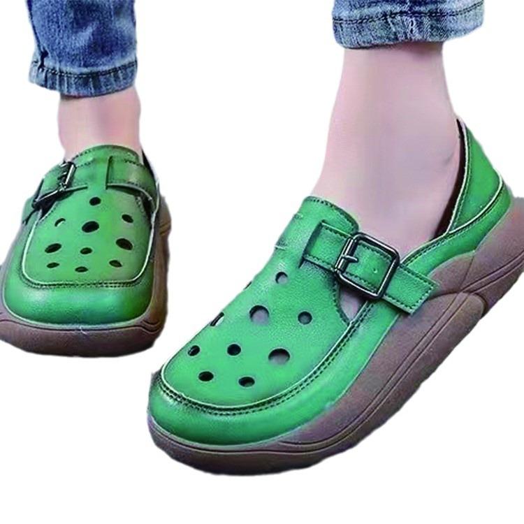 Retro Bag Head Sandals Women's Summer Wear New Fashionable Soft Leather Thick-soled Breathable Hollow Two Hole Shoes