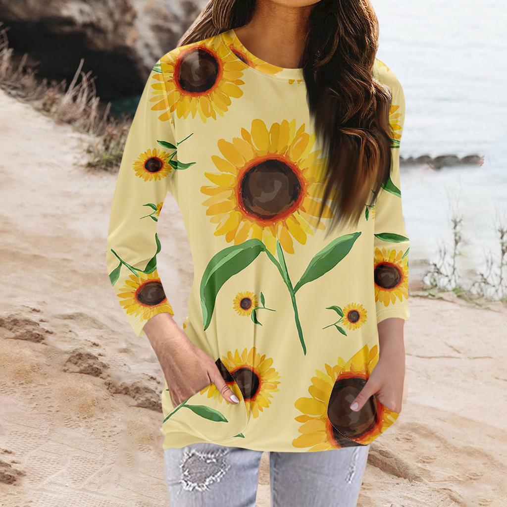 Женская модная повседневная футболка с карманом и круглым вырезом с рукавами 3/4 и топом