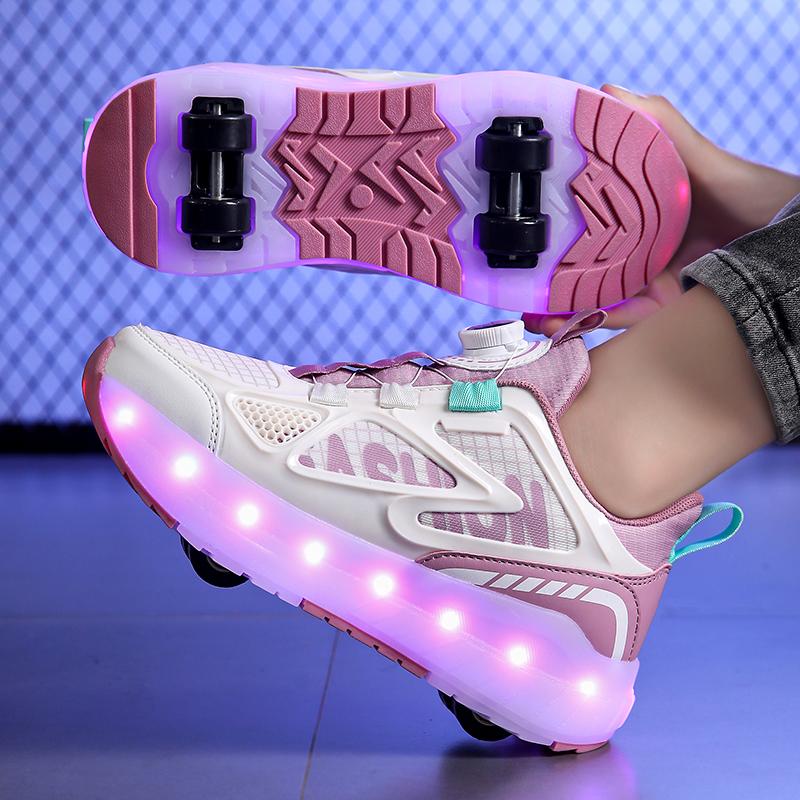 29-40 Мальчики Четырехколесные Кроссовки Съемные Туфли на Плоской Подошве Перезаряжаемые USB Светящиеся Спортивные Легкие Туфли Девочки Роликовые Коньки Обувь для Мальчиков