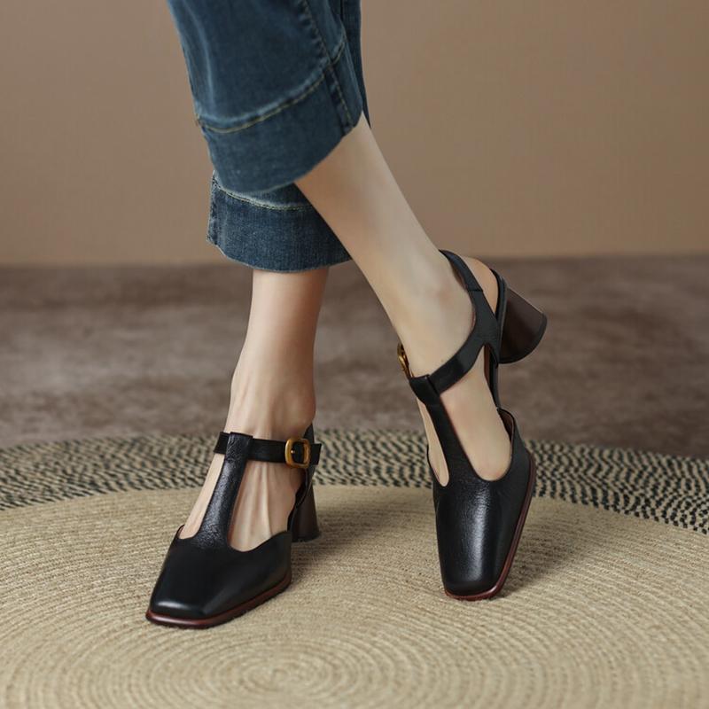 Летняя женская обувь, женские сандалии на массивном каблуке с квадратным носком, женские туфли Мэри Джейн из овчины, лаконичные женские туфли на высоком каблуке