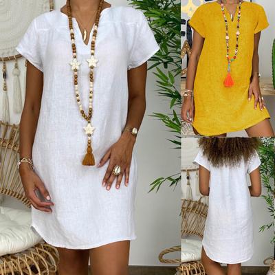 Женская мода, летняя свободная юбка, хлопковое льняное платье с коротким рукавом и v-образным вырезом