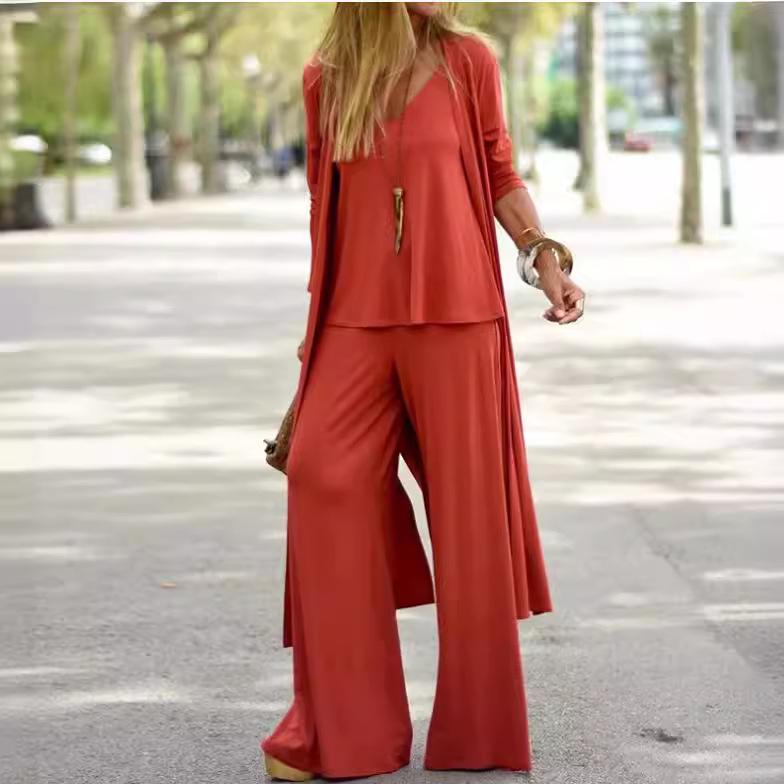 Женский повседневный длинный кардиган и топ-майка, свободные брюки, комплект из трех предметов