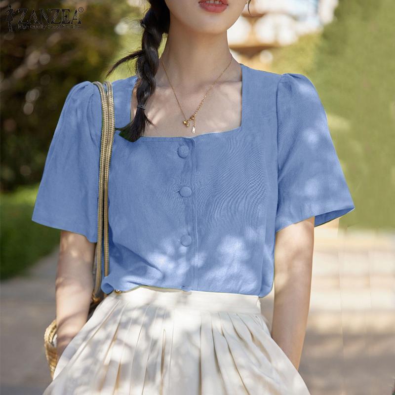 ZANZEA Женская повседневная летняя блузка с квадратным воротником и коротким рукавом