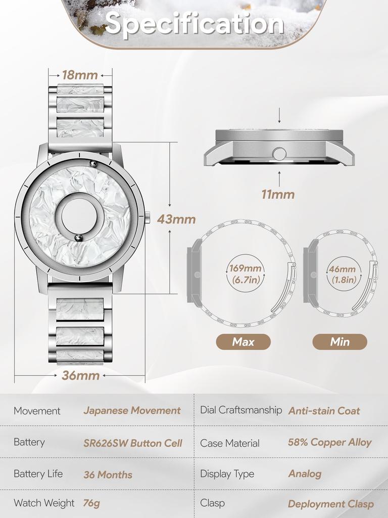 EUTOUR Магнитные часы с камуфляжным и повседневным кварцевым магнитным шариком 3 АТМ Водозащита 36 мм и серебристый полимерный ремешок Женский циферблат, Стильный, Элегантный, Простой,