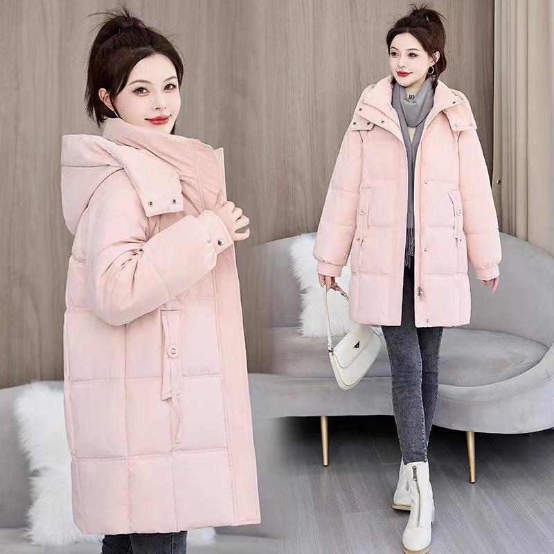 Winter New Women's Mid-Length Down Cotton Jacket with Hood Korean Style Simple Versatile Thickened Warm Cotton Coat
