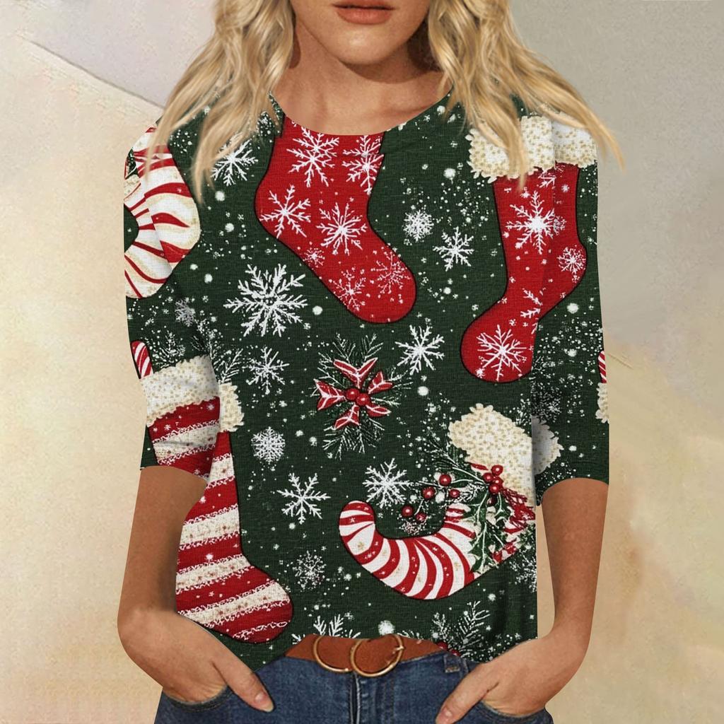 Women's Fashion Casual Seven Sleeve Christmas Printed Round Neck Top