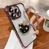 3D Kitty Mirror for iPhone 16 Pro Max 16E 15 Plus 14 13 Mini 12 11 XS XR 7 8 SE Electroplate Shockproof Phone Case With Bracelet