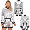 Women Metallic Shiny Astronaut Jumpsuit with Waist Belt Boyshorts Bodysuit Dress-Up Costumes Halloween Carnival Space Uniform