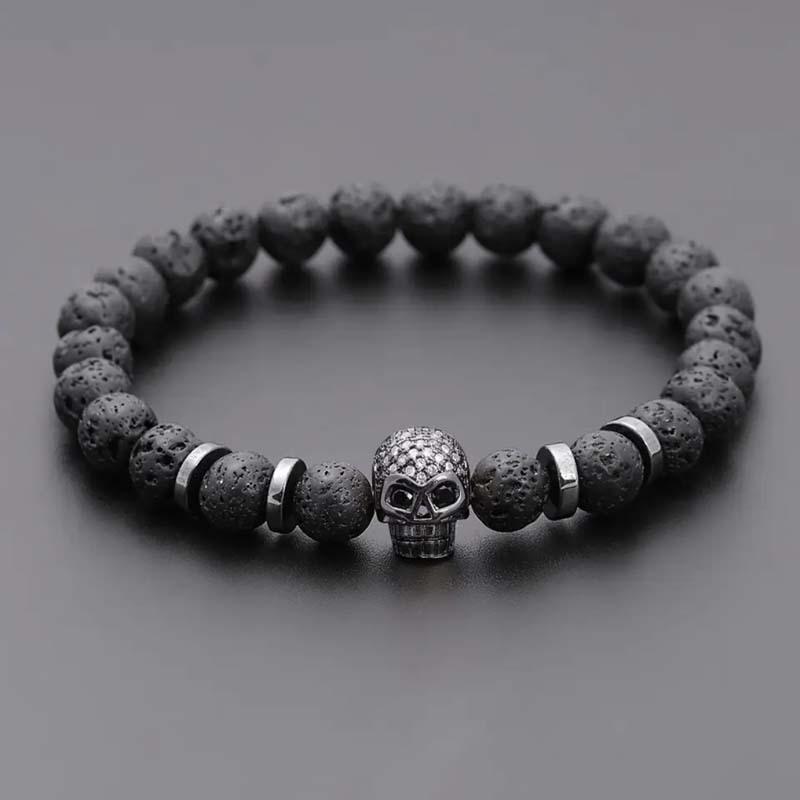 BEPAN Black Eye Skull Hematite Bead Bracelet Men Classic Handmade 8mm Lava Stone Charm Bracelet For Men Jewelry Gift