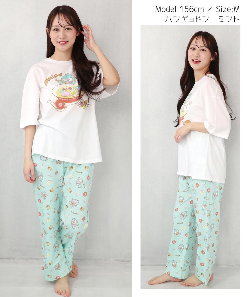 SAZAC Hangyodon Cotton Pajama Short Long and Top X Women's Set, Sleeves, Pants, T-Shirt, (White Mint/Medium/SAN1808)