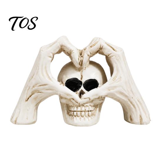 Personalized Trendy Collectible Gothic Skeleton Hands Heart Sculpture with Skull, Romantic Love Statue, Halloween Vintage Yellowed Paint Craft