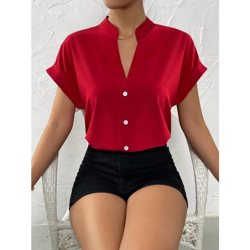 VEZFAA Женские модные повседневные летние весенние однотонные блузки и рубашки с короткими рукавами и воротником-стойкой с принтом