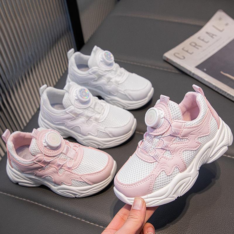 Children's Sneakers2026Spring and Autumn New Model Rotating Button Soft Sole Non-Slip Casual White Shoes for Older Children and Students
