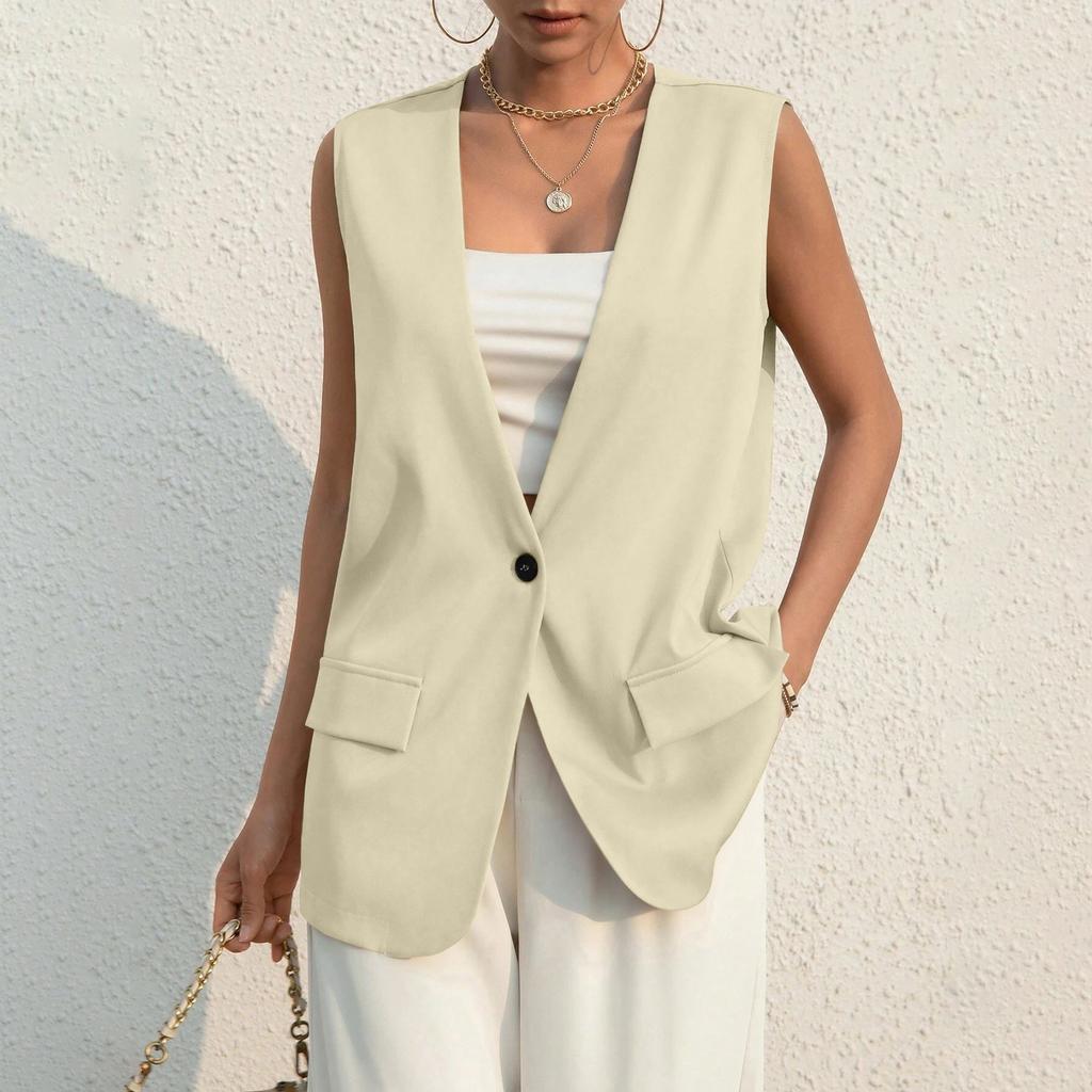 Ladies Summer Suit Jacket Work Casual Sleeveless V-Neck Single Button Solid Color Suit Vest