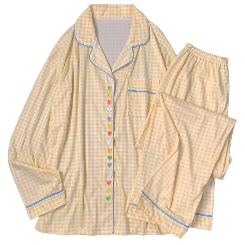 Sweet Embroidered Heart Pajama Set Women Long Sleeve Pant Small Plaid Loungewear